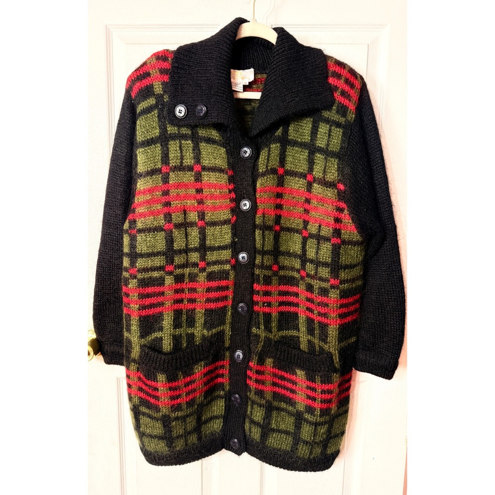 Vintage Lilly of California Mohair Plaid Cardigan Sweater Green Red Black M